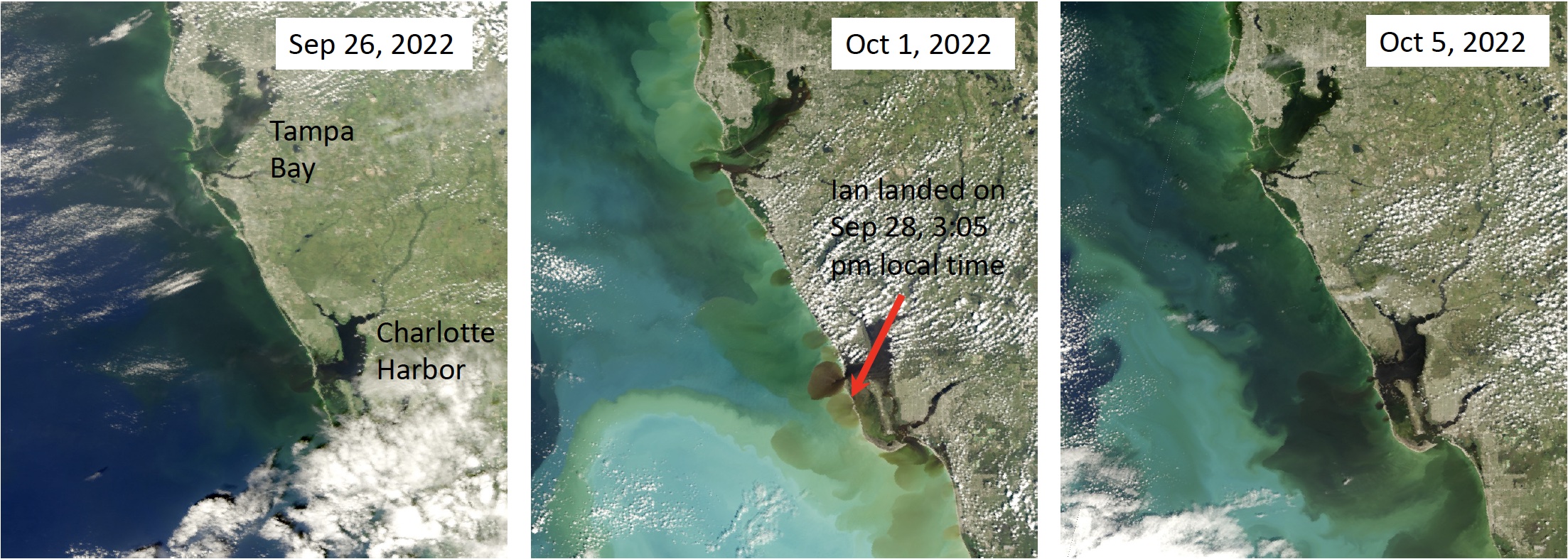 True-color satellite images show resuspended silt and discharge from rivers and estuaries following Ian’s historic inland rainfall. 