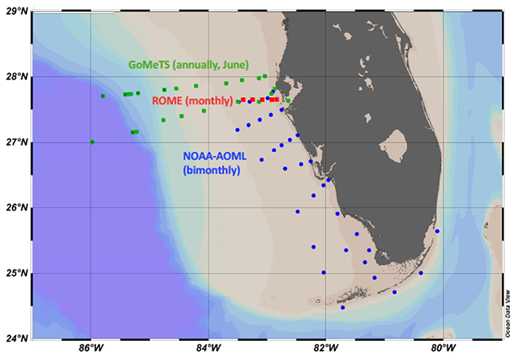 Shipboard samples for macronutrient (N+N, silicic acid, SRP) and trace metal (Fe, Mn, Cu, Ni, Co, Cd, Zn, Pb) measurements are being collecting during routine field surveys on the West Florida Shelf.