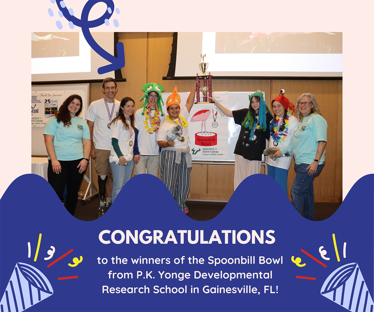 Congratulations to the winners of the Spoonbill Bowl from P.K. Yonge Developmental Research School in Gainesville, FL! Pictured from left to right: RC Makenzie Kerr, Coach Jonathan Pruden, Coach Amy Pruden, William Pruden, Will Mercado, Xochitl Rios, and Abigail Pruden (captain), RC Teresa Greely. The 2025 Spoonbill Bowl took place in-person on February 22, 2025.