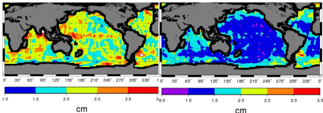 Standard deviation of residuals of GRACE minus model ocean bottom pressure for Release-04 (left) and the new Release-05 (right) data. Both maps are based on destriped GRACE gravity coefficients with an additional 300 km Gaussian smoothing.