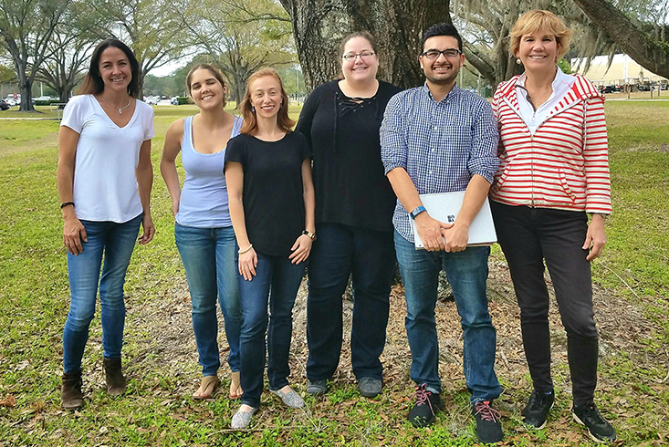 The USF contingent of the MERA program. From left to right: Jayme Peraud (Harwood lab manager), Adriana González Fernández, Erin Symonds, Mya Breitbart, Javier Gallard-Gongora, and Jody Harwood. 