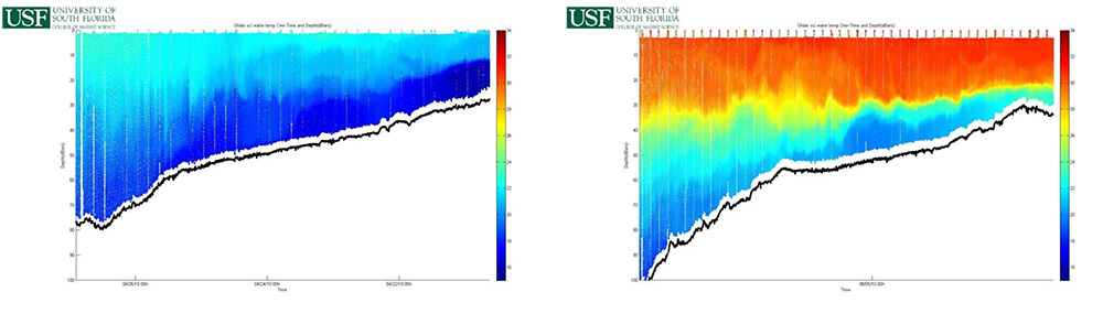 Temperature profiles in the eastern Gulf of Mexico demonstrating the differences in heat content and therefore the fuel that can be provided to a passing storm, allowing it to strengthen.  The two figures are from missions in late April (left) and early August (right) of 2010.