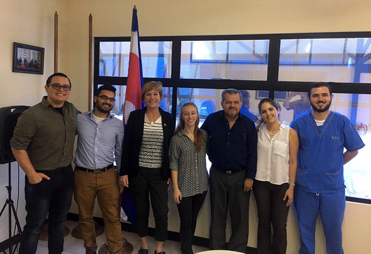 This photo was taken at the LNA in 2017 during the pilot water quality study – part of the training that proved valuable in the Costa Rican team’s ability to respond swiftly and effectively to the coronavirus pandemic.  From left to right: Pablo Cesar Rivera Navarro, MSc, Javier Gallard-Gongora (graduate student who works in the lab of Valerie Harwood, PhD, at USF), Harwood, Erin Symonds, PhD, Darner Mora Alvarado, MPh, Adriana González Fernández, Andrei Badilla Aguilar.