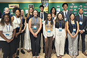 The 2025 Making Waves cohort celebrates their successful summer with their science mentors at the USF St. Petersburg Undergraduate Research Symposium held at the Nelson Poynter Memorial Library. Photo Credit: Carlyn Scott