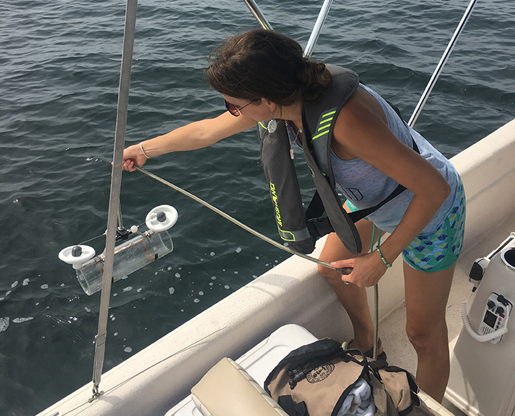 A discrete sampler being lowered a couple feet below the water's surface to collect microplastics. Photo Credit: Kinsley McEachern