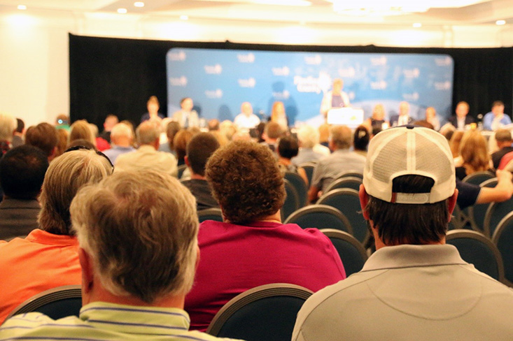 A near-to-capacity crowd listens on as Dr. Barbara Kirkpatrick (GCOOS) explains biological and human health related aspects of red tide.