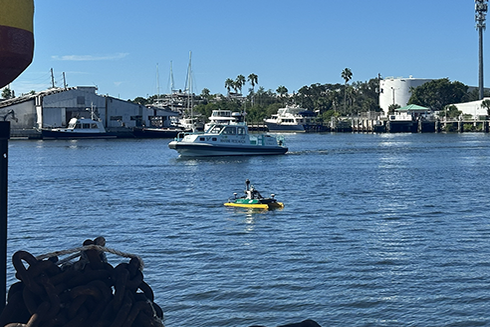 A new uncrewed surface vehicle named EMMET (Enhanced Mobile Mapping with Emerging Technologies), seen in the foreground during a recent demonstration day at the USF College of Marine Science. Photo by Carlyn Scott.
