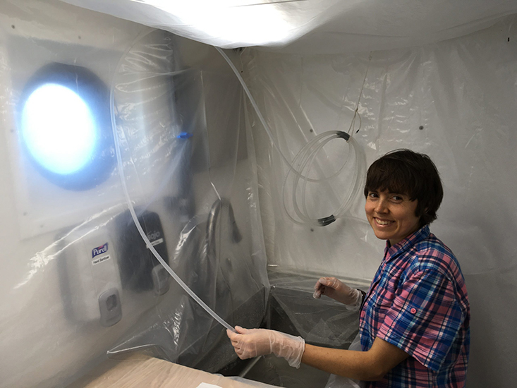 Lead author Adrienne Hollister aboard the R/V Hogarth in 2018. A key challenge for scientists working on trace metals is contamination, especially aboard a research ship, so clean lab techniques are required. 