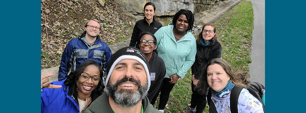 Both USF and Salsbury University All-Aboard teams take a selfie in front of Ragland Bottom Center Hill Lake in Sparta, TN during a group geology scavenger hunt. 