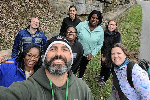 Both USF and Salsbury University All-Aboard teams take a selfie in front of Ragland Bottom Center Hill Lake in Sparta, TN during a group geology scavenger hunt. 