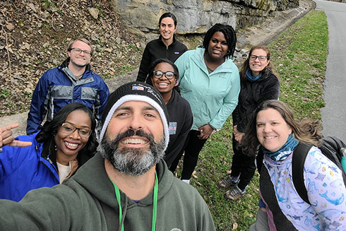 Both USF and Salsbury University All-Aboard teams take a selfie in front of Ragland Bottom Center Hill Lake in Sparta, TN during a group geology scavenger hunt.