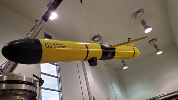 This autonomous glider, part of the University of South Florida College of Marine Science glider fleet, is modified with sonar technology and will collect up-close and personal data on the migrating animals in the water column during a mission to explore the Gulf of Mexico. Chad Lembke, Research Faculty at USF CMS, plays a critical role in the mission. The team will also use new technology from the National Geographic Society. Credit: John Horne, University of Washington. 