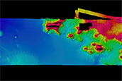 Bathymetric data collected at Palmyra and Kingman Atolls south of Hawaii, an example of the type of data Jacob Stock works with. Deeper, flatter seafloor can be seen to the west, and complex seamounts to the east.