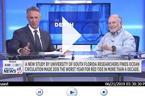 Rick Elmhorst of Bay News 9 (left) sits down with Dr. Robert Weisberg of USF College of Marine Science (right) to discuss red tide. Photo Credit: Bay News 9. 