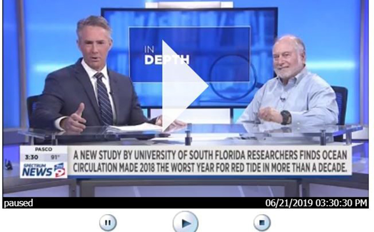 Rick Elmhorst of Bay News 9 (left) sits down with Dr. Robert Weisberg of USF College of Marine Science (right) to discuss red tide. Photo Credit: Bay News 9.