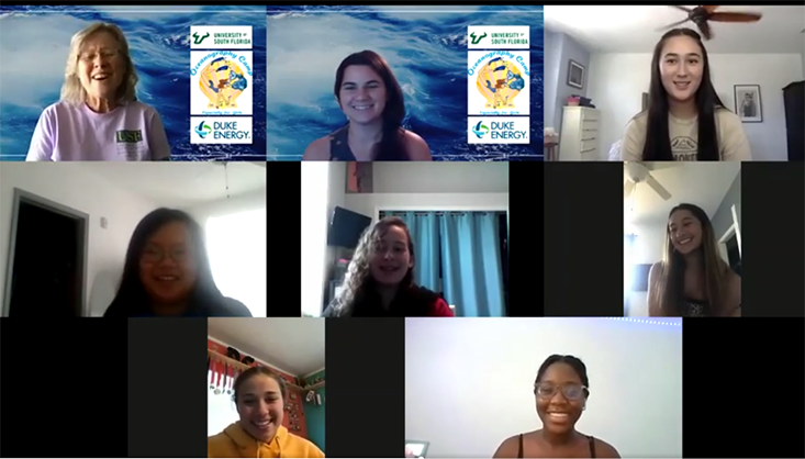 Greely and Kerr (top left and top middle, respectively) laugh with OCG alumni as a part of the Brite program. As a part of the three-week virtual camp the girls are exploring topics ranging from the intersection of science and art to the challenges associated with conducting experiments on the human brain. Photo courtesy of Makenzie Kerr.
