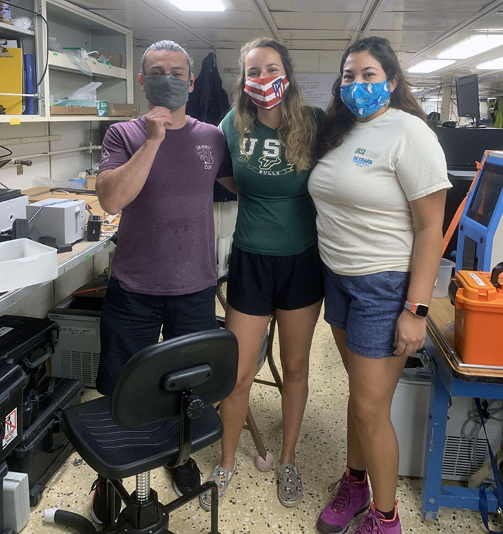 Byrne lab members Juan Millan, Macarena Martín Mayor, and Loraine Martell-Bonet who are responsible for collecting pH and carbonate samples on board.
