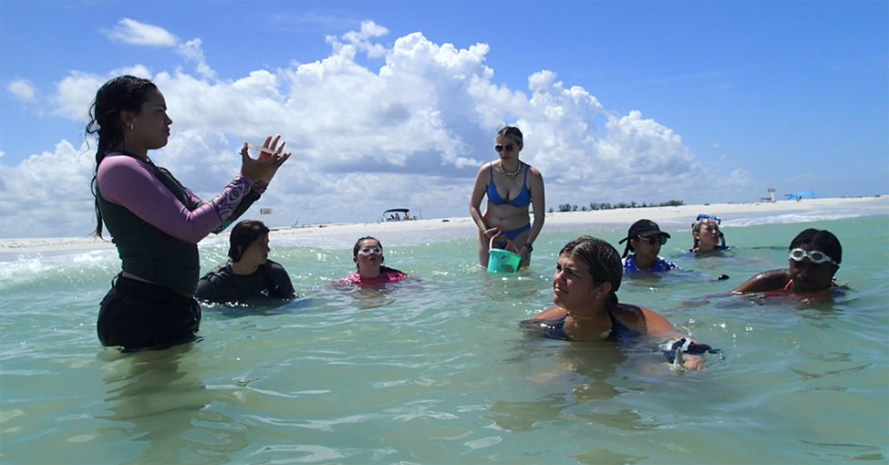 Campers learn about the differences between bivalves and gastropods while on swim call at Skell Key.