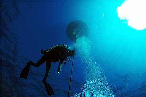 Chief Scientist, Jay Law, captures this photo as he examines the buoy and mooring line.