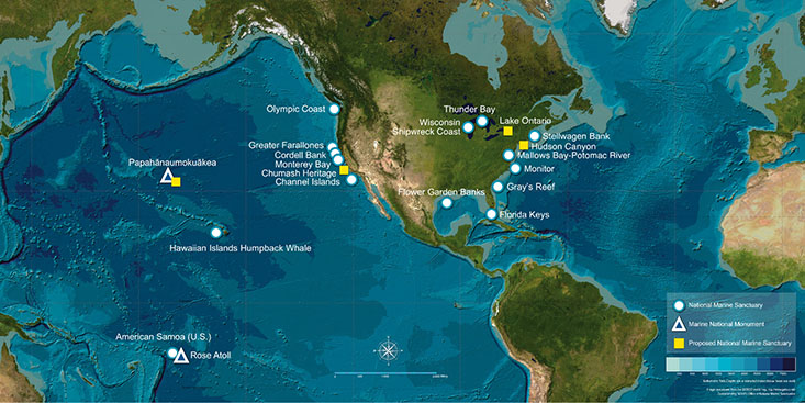 Marine sanctuaries and monuments are some of our nation’s underwater treasures. This image was reproduced from the General Bathymetric Chart of the Oceans (GEBCO) world map and customized by NOAA’s Office of National Marine Sanctuaries. Credit: NOAA