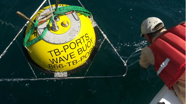 A Coastal Data Information Program (CDIP) buoy in Tampa Bay being serviced. These buoys collect raw surface elevation data needed to calculate maximum wave height, and therefore rogue waves.