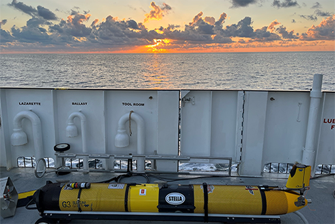 Stella, shown here, and Sam are part of the USF College of Marine Science’s fleet of oceanic gliders, the oft underappreciated workhorses of oceanography. PHOTO CREDIT: Garrett Miller, Center for Ocean Mapping and Innovative Technologies.