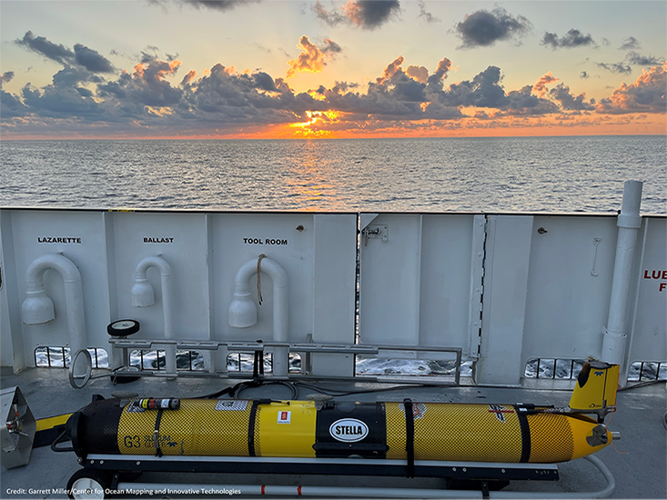 Stella, shown here, and Sam are part of the USF College of Marine Science’s fleet of oceanic gliders, the oft underappreciated workhorses of oceanography. PHOTO CREDIT: Garrett Miller, Center for Ocean Mapping and Innovative Technologies.