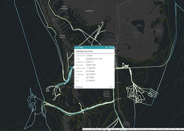 A screenshot from COMIT’s web map viewer displaying some of the depth data collected by Eckerd College Search and Rescue (EC-SAR). The points displayed are enlarged to show detail, but already trends in seafloor depth and shape, called bathymetry, are apparent.