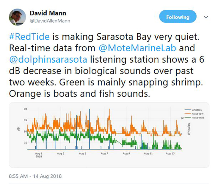 Dr. Mann said the Gulf has been eerily quiet recently due to the epic recent red tide, as indicated in a recent tweet he shared with the audience.