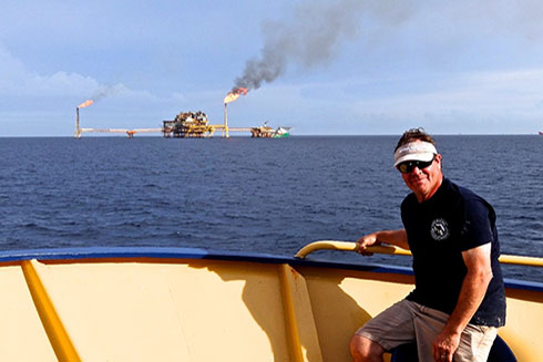 Dr. David Hollander aboard the R/V Justo Sierra sampling in 2015 near the site of the 1979 Ixtoc-1 oil well blowout in Campeche, Mexico