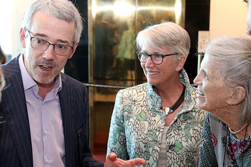David Mearns speaks with the Dean of CMS, Dr. Jacqueline Dixon (center), and with Anne Von Rosenstiel (second from right) and family members at the reception preceding the event.