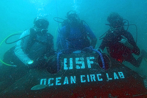 Deploying an Acoustic Doppler Current Profiler (ADCP). Luis Sorinas (USF graduate student), Jay Law (USF CMS), Matt McNamee (USFSP undergraduate)