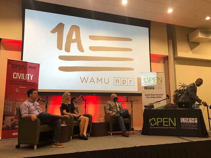 (Left to right) Don Chambers, USF College of Marine Science, Rebecca Zarger, USF, St. Petersburg Mayor Rick Kriseman; Joshua Johnson, 1A. Photo Credit: Megan Holmes 