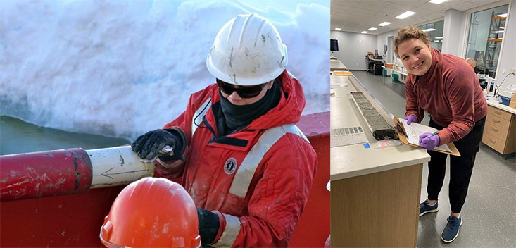 There’s still work to do! Dr. Amelia Shevenell (left) taking a core out of its core barrel during NBP14-02, a cruise she led as chief scientist. Eight years later, me describing my first core at OSU-MGR-ACC taken during the same cruise (right). It’s exciting to be expanding a project that my advisor helped envision!