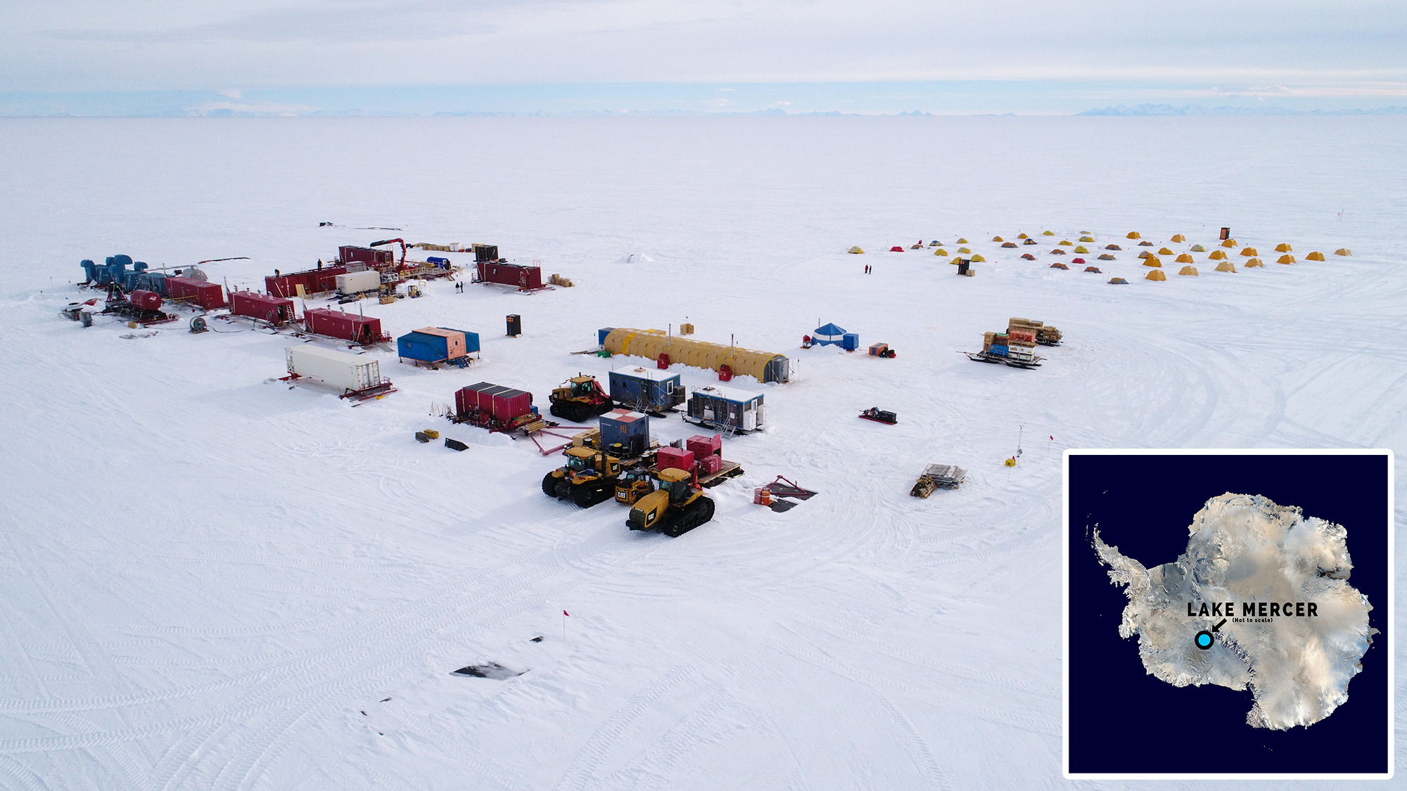 INNER IMAGE: Mercer Lake is a few hundred miles from the South Pole. OUTER IMAGE: Drone view of the historic expedition from Dec 2018 – Jan 2019 when researchers accessed a subglacial lake for only the second time in history and retrieved the longest sediment core from a subglacial lake. Credit: Billy Collins.