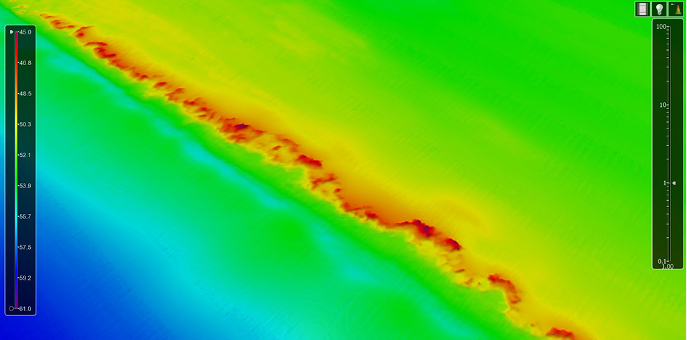 This is a bathymetry map of The Elbow, a popular fish hangout, that was collected by the USF College of Marine Science (USFCMS) team. The Elbow area has a prominent north-south ridge feature that sits more than 115 miles west of Tampa Bay in nearly 180 feet of water. The red color indicates the top of ridge in the Elbow reaches nearly 25 feet above the surrounding seafloor – about the height of a typical telephone pole. 