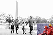 Dr. Erica Ombres and her family enjoying Washington, DC (Inset: Ombres in the Antarctic). Black and white photo credit, Jessica Palmer photography.