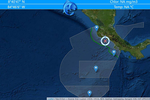 A screen capture from PezCa, a fishing app Dr. Marrari helped create that displays real-time satellite data of ocean conditions for safer fishing practices. 