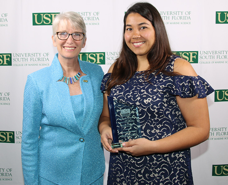 Former Dean of the College of Marine Science, Jackie Dixon, PhD, and PhD student, Loraine Martell-Bonet, who received the Endowed Bridge to the Doctorate fellowship in 2019. Martell-Bonet, whose major professor is Robert Byrne, PhD, also won the Renate E. Bernstein Outstanding Authorship Award in 2020.