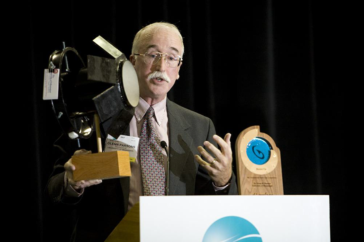 Dr. Glenn Parsons speaking at the awards ceremony for the 2007 World Wildlife Fund SmartGear Competition for which he received Runner-Up for his work on shrimp trawl bycatch reduction. Photo courtesy of Glenn Parsons. 