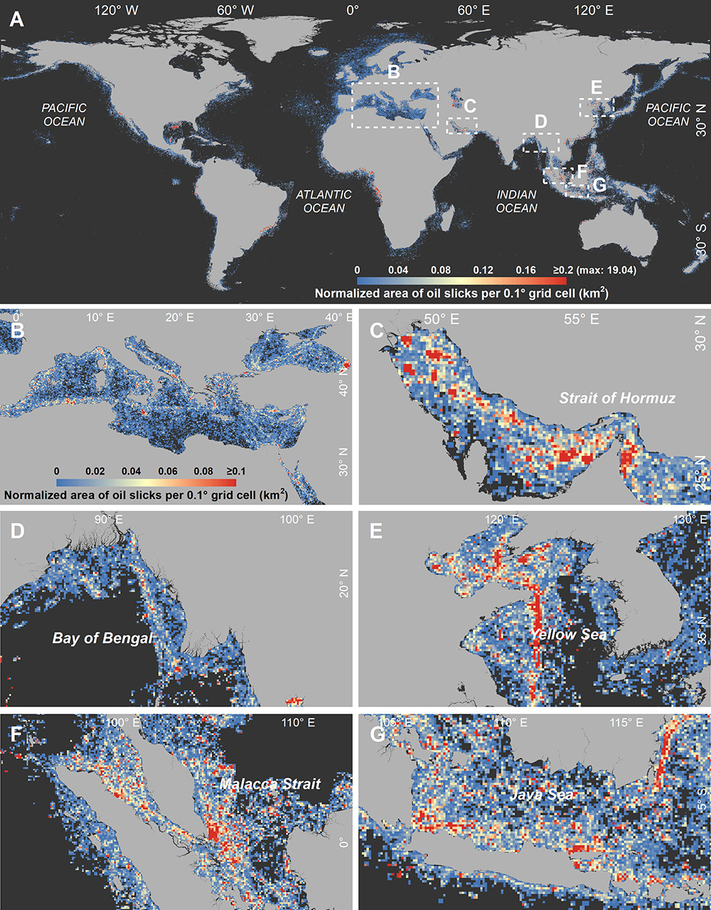 Global distribution of oil slicks (2014-2019).  (A) Normalized area of oil slicks in a 0.1 x 0.1 grid representing oil slick area per full-coverage SAR observation (synthetic aperture radar). (B to G) Enlarged views of areas in white dashed boxes in (A). High-density belts caused by oil pollution from ships can be observed.