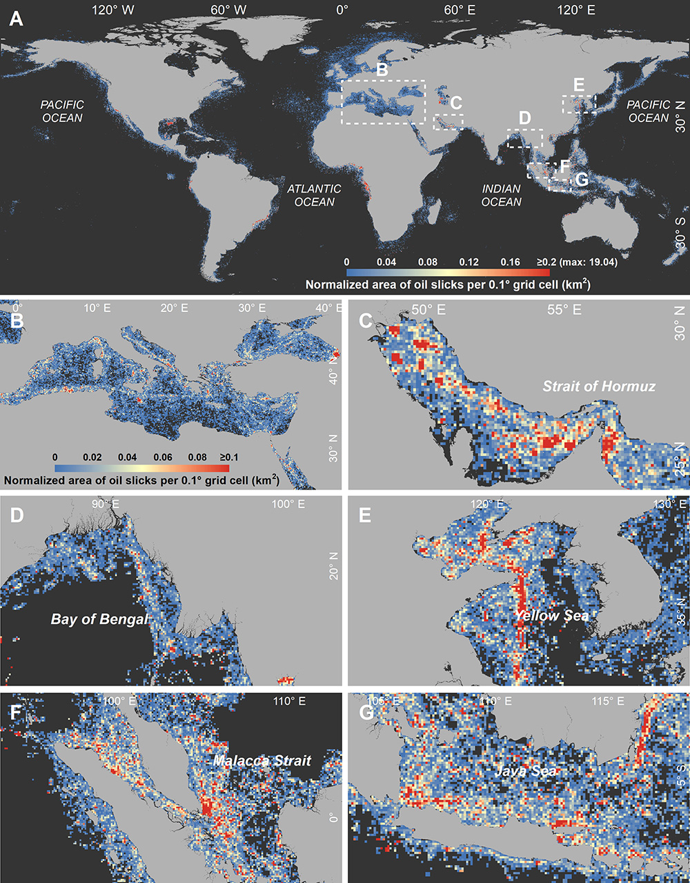 Global distribution of oil slicks (2014-2019). (A) Normalized area of oil slicks in a 0.1 x 0.1 grid representing oil slick area per full-coverage SAR observation (synthetic aperture radar). (B to G) Enlarged views of areas in white dashed boxes in (A). High-density belts caused by oil pollution from ships can be observed.