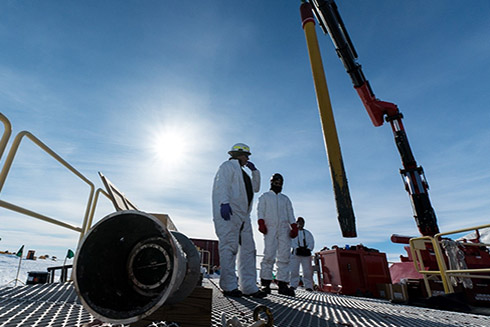 Gravity corer on deck of the drilling platform separated from Subglacial Lake Mercer by a kilometer of ice. Photo Credit: Kathy Kasic, SALSA