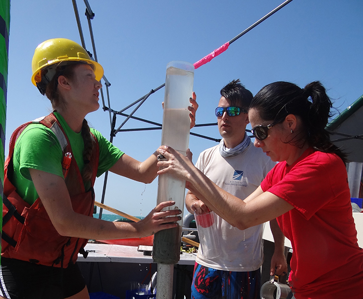 Dr. Patrick Schwing (background) and Dr. Isabel Romero (foreground, right) assist with a sediment core taken in the wake of Deepwater Horizon. Photo Credit: C-IMAGE
