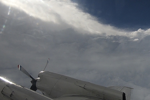 Flying through the eye of Hurricane Florence aboard a NOAA WP-3D Orion, nicknamed “Kermit.”Photo courtesy of College of Marine Science graduate student, Nick Underwood. 