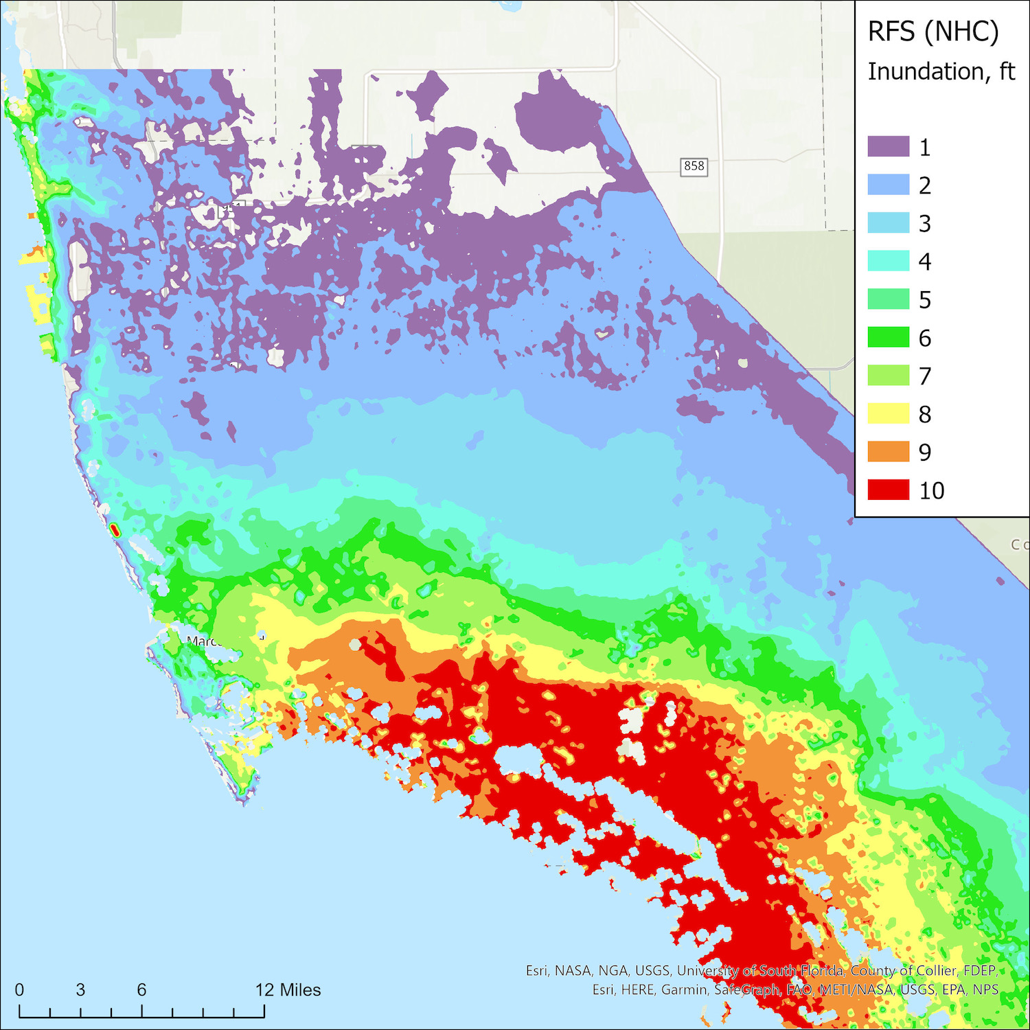 On the morning of September 28, the Rapid Forecasting System predicted Collier County’s maximum storm surge inundation from Hurricane Ian based on the National Hurricane Center forecast track. Courtesy of Peter Sheng and Vladimir Paramygin.