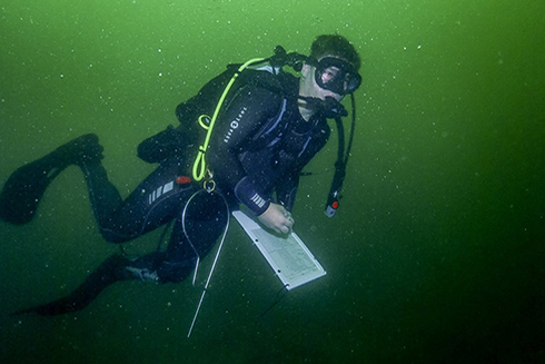 Diver Jon Peake conducting fish surveys 