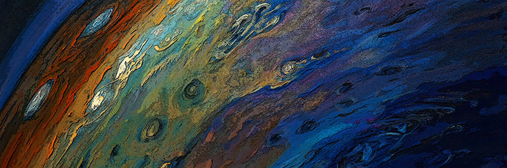 Zonal Jets: Phenomenology, Genesis, and Physics. Choosing the book’s cover image was a story of sweet serendipity, Galperin said. A book contributor, Yakov Afanasyev from the Memorial University of Newfoundland, is also an amateur painter who drew inspiration from recent NASA images (the Juno mission) to craft this ethereal painting of Jupiter’s weather layer. 