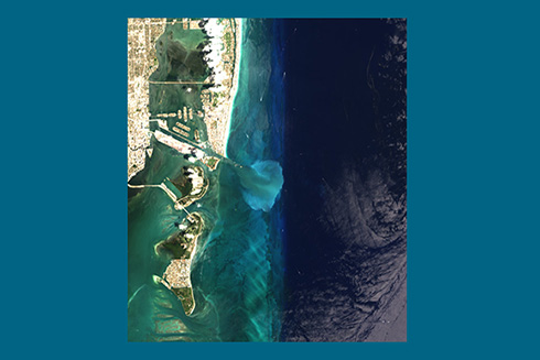 Landsat-8 image of the Port of Miami and surrounding waters from April 24, 2014, showing the size and location of the sediment plume. Photo Credit: Brian Barnes / USGS