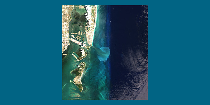 Landsat-8 image of the Port of Miami and surrounding waters from April 24, 2014, showing the size and location of the sediment plume. Photo Credit: Brian Barnes / USGS 